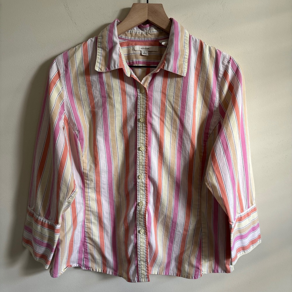 Merona Womens Large Pink Orange Striped Button Down 3/4 Sleeve Stretch Shirt